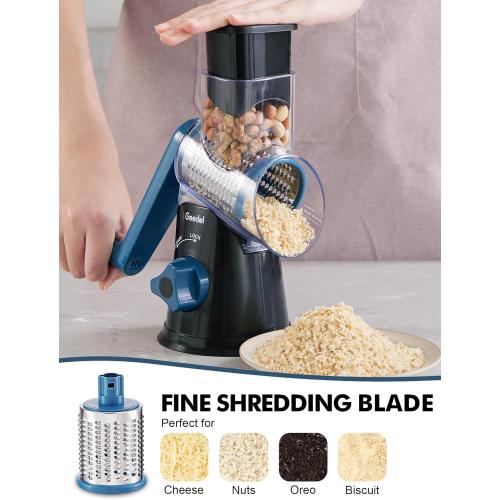 Geedel Rotary Cheese Grater, Kitchen Mandoline Vegetable Slicer with 3 Interchangeable Blades, Easy to Clean Rotary Grater Slicer for Fruit, Vegetables, Nuts