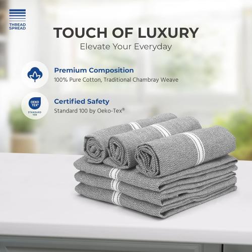 THREAD SPREAD Kitchen Towels Set - 100% Cotton Dish Towels for Kitchen - Pack of 6 Super Absorbent Hand Towel - Grey Tea Towel - Quick Dry & Soft Durable Dish Cloths - 15”x25”, Grey Chambray