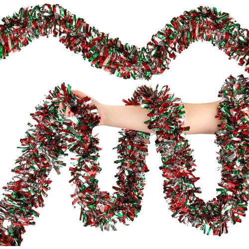 50FT Christmas Tinsel Garland, Red Green&Silver Metallic Twist Shiny Hanging Garland Ornaments for Christmas Tree, Party Supplies Thick Metallic Xmas Streamers