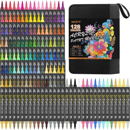 NICETY 128 Acrylic Paint Markers, Dual Tip Brush Paint Pens for Rock Painting, Wood, Glass, Stone, Canvas, Ceramic, Fabric - Fine & Brush Tip Water Based Acrylic Markers Pens