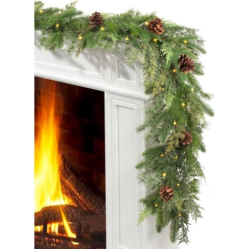 JOJOLEE 72inch Pre-Lit Christmas Garland with Timer Lights, Battery Operated Mixed PE Pine Greenery Garland with Natural Pine Cones, Realistic Evergreen Holiday Mantle Fireplace Stair Doorway Décor