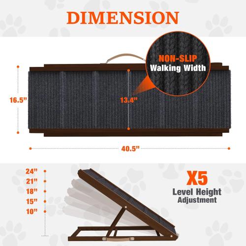 Adjustable Dog Ramp for Bed - Foldable Wooden Ramp for Dogs to Get on Bed, Couch, or Car - Ideal for Small, Medium, and Large Breeds (Walnut Wood with Grey Carpet)