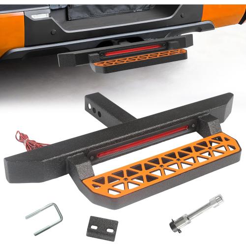 Universal Trailer Hitch Step for 2 Inch Receiver w/LED Brake Light, Tow Drop Hitch Step Bar Rear Bumper Guard Protector with Pin Lock & U-Bolts Stabilizer for Pickup Truck Van RV SUV ATV Car