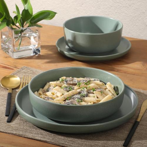 (SET INCOMPLETE) (12) Gibson Elite Pasco 16 Piece (Service for 4) Plates and Bowls Double Bowl Reactive Glaze Dishes Stoneware Ceramic Dinnerware Set - Green