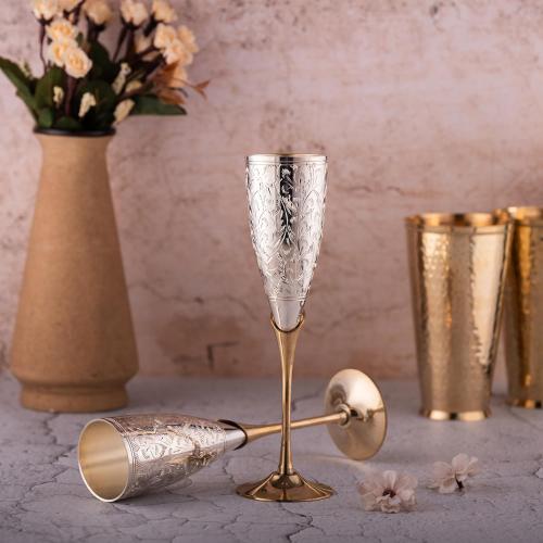 Pure Brass Silver Coated Champagne Glass Set of 2 - Encarved Goblet Champagne Flutes Glasses Comes with Valvet Blue Gift Box - Ideal for Wine Baverage Juice & More 100ml