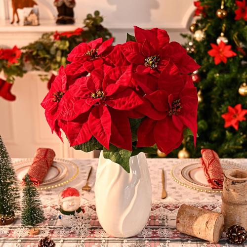 MARTINE MALL 21.3 in Poinsettia Flowers Artificial, 2 Packs Poinsettia Christmas Decoration, Long Stem Velvet Poinsettia Bouquet for Christmas Tree Porch Home Garden Indoor Outdoor Decoration