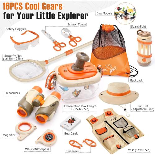 16PCS Explorer Kit & Bug Catcher Kit for Kids, Safari Costume & Camping Gear with Binoculars, Compass, Butterfly Net, Outdoor Toys STEM Gift for Toddlers, Kids Boys & Girls 3-5-7 Years Old