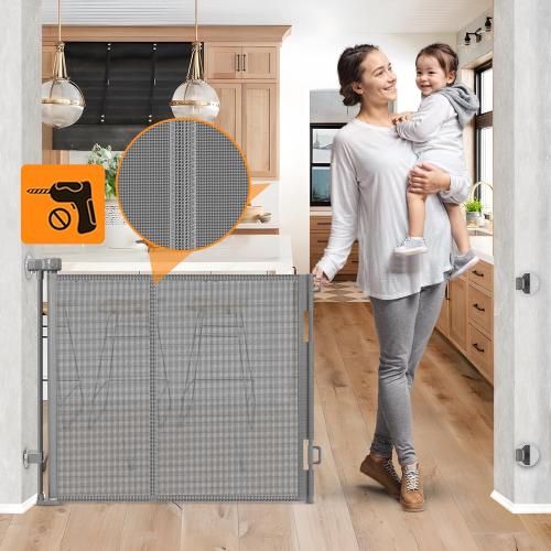 Size 55 Color Grey Reinforced No Drill Retractable Baby Gates for Dogs No Drilling Mesh Dog Gate with Support Rod to Prevent Crawling Underneath, 55 Wide Retractable Dog Gate for Stairs No Drilling Retractable Pet Gate