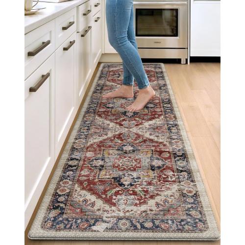 Kitchen Floor Mats Anti Fatigue, 23x86 Large Long Cushioned Vintage Runner Rug Waterproof, Standing Comfort Memory Foam Padded for Front Sink Laundry Office, Beige and Red