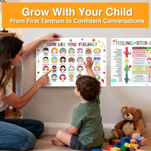 SAKVOGK Feelings Chart for Kids 2PCS - Emotions Poster Chart with Coping Skills - Waterproof Mental Health Posters, Calm Down Corner Supplies for kids,Toddlers School, Preschool, Homeschool
