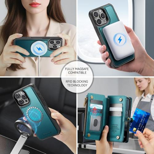 Defencase for iPhone 16 Pro Max Magnetic Wallet Case Compatible with Magsafe with RFID Blocking Zipper Strap Card Holder for Women PU Leather Detachable Case for iPhone 16 Pro Max (6.9), Blue Green