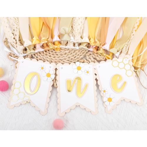 Bee One High Chair Banner Yellow - Bee for 1st Birthday Highchair Banner, Beehive Theme Birthday Party Supplies, Sweet One Party Decorations, Daisy First Photo Props (Beehive Garland Yellow)