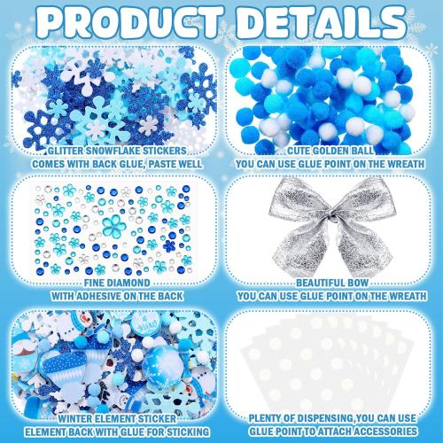 620/600 Pcs Winter Wreath Craft Kits DIY Snowman Christmas Wreath Crafts Kits Xmas Winter Home Decorations for Party Favors(Let It Snow,Dark Blue, Light Blue, White, Gray)