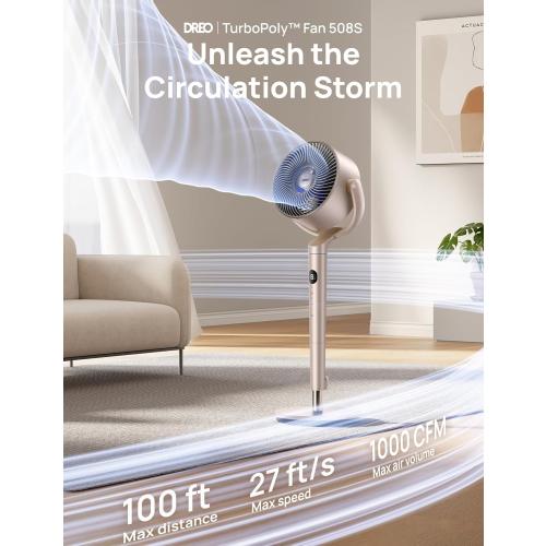 DREO Smart Fans for Bedroom, 120°  120° Omni-Directional Oscillating Fan, 100ft Quiet Pedestal Fan with RGB Light, 9 Speeds, 6 Modes, 20dB, 8H Timer, Wi-Fi/Voice, 35-40 Floor Fans, Starlight