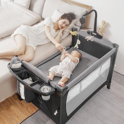 Color Black 5-in-1 Pack and Play, Baby Bassinet Bedside Sleeper with U-Shaped Diaper Changer, Portable Toddler Playard for Newborn Toddlers, Baby Crib with 4 Adjustable Height, Carry Bag,Easy to Install (Black)