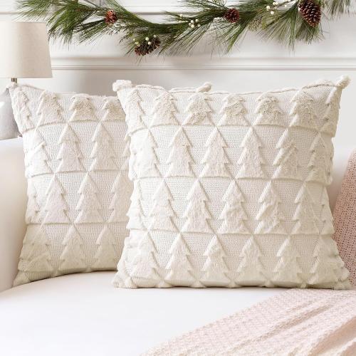 OTOSTAR Set of 2 Soft Plush Short Wool Velvet Decorative Throw Pillow Covers Square Luxury Style Cushion Case Pillow Shell for Sofa Bedroom Christmas Tree Cream Beige, 22x22 Inch
