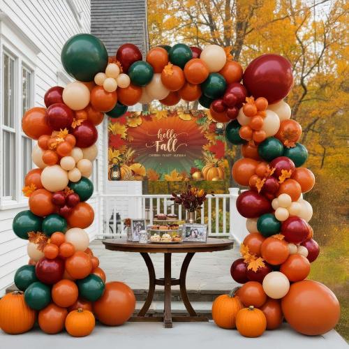 Fall color Balloon Garland Arch Kit hunter green maroon Sand White Orange Balloons with artificial maple leaf and backdrop for Thanksgiving Harvest Birthday Little Pumpkin ecorations