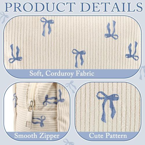 Dansydaisy Small Makeup Bag for Purse Blue Bow Corduroy Cosmetic Bag