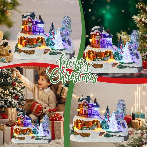 WONDER GARDEN Christmas Village Houses-Christmas Houses Village - Lighted Musical Railway Station Moving Train Town Sets with Revolving Acrylic Trees Animated Figurines for Indoor Decor or Gift