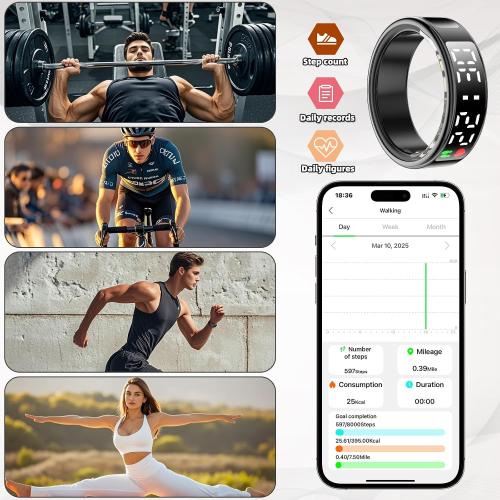 Color Black Smart Rings for Men Women,Fitness Tracker Ring,Smart Ring whth Display and Touch Button,IP68waterproof,Health Ring Tracks Heart Rate/Sleep/Steps/Blood Oxygen/Calorie/Distance,No Subscription