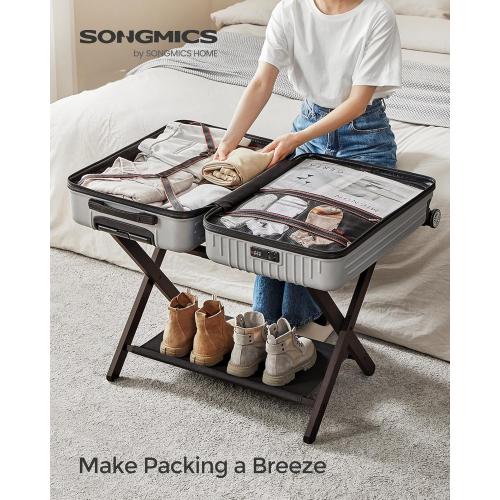 SONGMICS Luggage Rack, Set of 2, Folding Suitcase Stand with Storage Shelf, for Guest Room, Hotel, Bedroom, Heavy-Duty, Holds up to 131 lb, Chestnut Brown URLR007R02