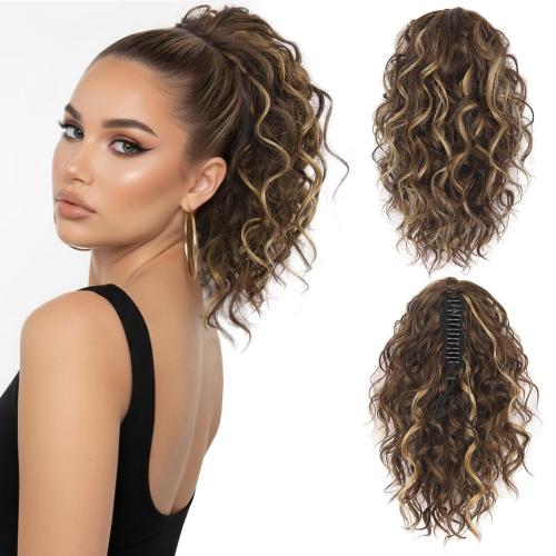 12 Inch Curly Ponytail Extension - Clip in Ponytail Hair Extensions, Natural Claw Clip Ponytail Extension, Synthetic Clip on Ponytails for Women (Color: Chestnut Brown with Blonde Highlights)