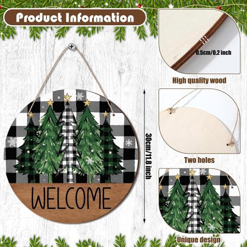 Christmas Welcome Door Sign Decoration Rustic Xmas Tree Winter Wonderland Wreath Black White Buffalo Plaid Hanging Sign Farmhouse Xmas Winter Decor for Front Porch Door Wall Window 2 pk