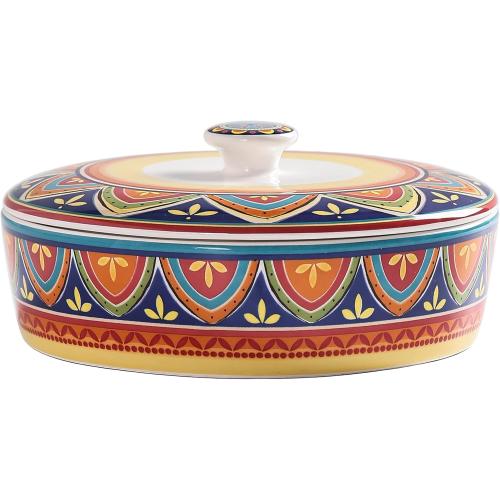 Bico Tunisian Ceramic Tortilla Warmer, 8.9 Inch Tortilla Holder with Lid for Taco Bread Pancake for Mexican Night and Party, Microwave and Dishwasher Safe