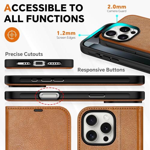 TUCCH Wallet Case for iPhone 16 Pro, [Removable] 2 in 1 [Wireless Charging] RFID Blocking [4 Card Holders] PU Leather Cover, Magnetic Detachable Folding Stand Folio Case for iPhone 16 Pro, Light Brown