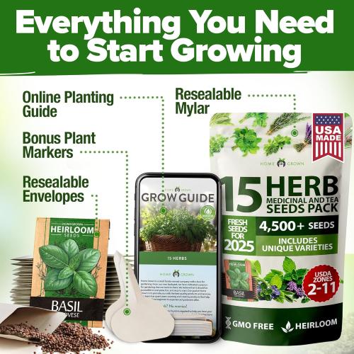HOME GROWN 15 Herb Seeds for Planting 4,500  Non-GMO Heirloom Seeds | Extra Large Variety Pack Herb Kit – Indoor Outdoor & Hydroponic | Culinary Seed Set | Grow Your Own Herbs | Gardening Gift