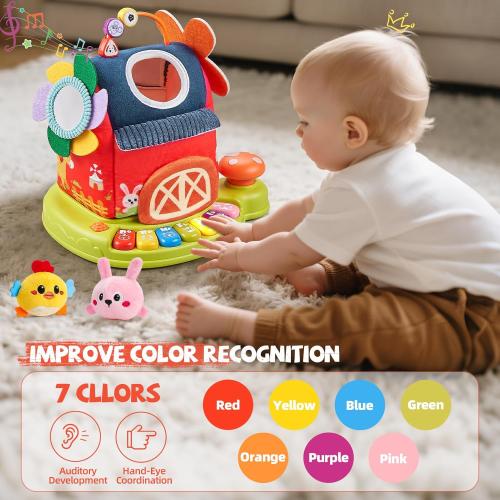 Musical Baby Toys 6-12 Months, Surprise Barn with 7 PCS Stuffed Farm Animals, 4 Mode Sound and LED Lights, Montessori Sensory Toys for 6 12 Months, Ideals 6 7 8 9 Month Old Baby Gifts Toy