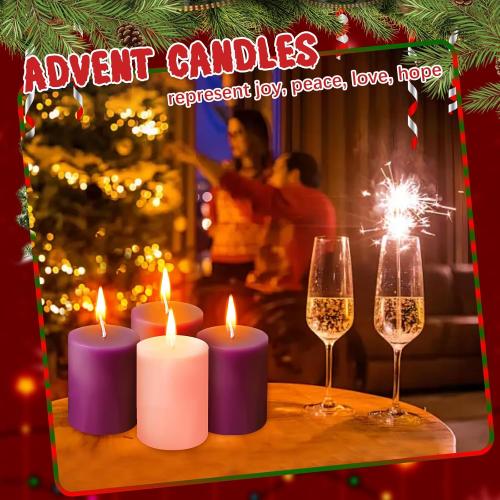 Pillar Advent Candle Set of 4 for Advent Wreaths Candle Holder Unscented Pillar Purple Pink Christmas Pillar Candles for Church & Home Decoration (2 x3 inch)