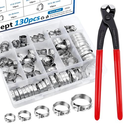 130Pcs 12-Sizes 304 Stainless Steel Single Ear Hose Clamps with Ear clamp plier 6-36.1mm Crimp Hose Clamps Assortment Kit for Auto/Home Appliance/Pipe/Fuel Line Stepless hose clamp with pincer