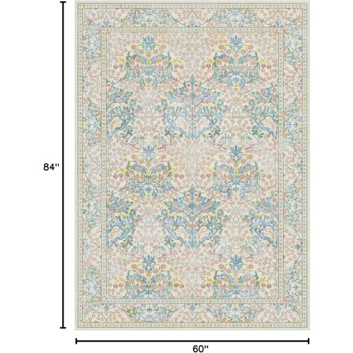 Lessymo Floral Living Room Rug 5x7 Area Rug, Vintage Forest Washable Rugs for Dining Room, Bedroom, Low Pile Non Slip Rubber Green Mat Indoor Boho Carpet for Large Entryway, Beige Brown