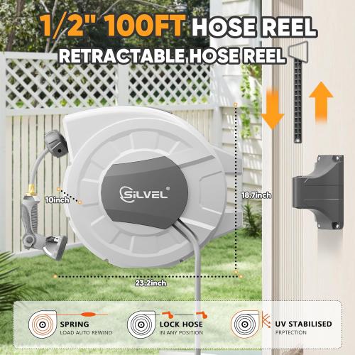 Retractable Garden Hose Reel, 1/2 x 100ft Wall Mount Heavy Duty Automatic Hose Reel with 10 Pattern Nozzle, Any Length Lock & Slow Return System, 180°Swivel Bracket Upgraded UV Resistant,Light Grey