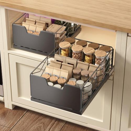 NETEL Pull Out Cabinet Organizer, 2 Pack No Drill Slide Out Drawers for Kitchen Cabinets, Metal Pantry Pull Out Shelves, Kitchen Cabinet Organizer, Pull Out Home Organizers, 11.8 W X 15.7 D X 6.9 H