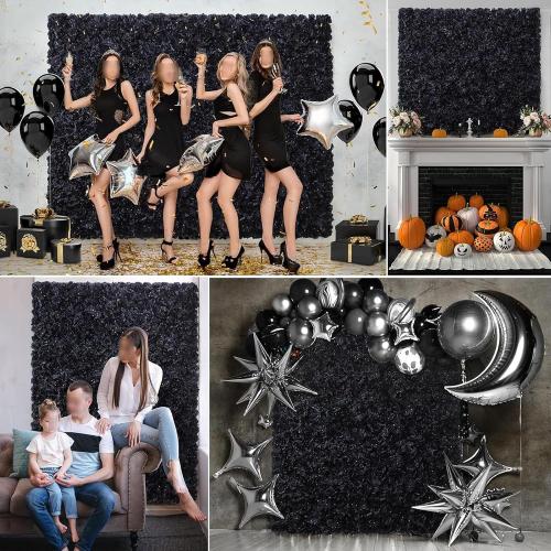 Black Silk Rose Flower Panels Wall, 12 Pcs Artificial Flowers Decoration for Welcome Table, Party, Anniversary, Church Wall, Stage Background, 25x25cm