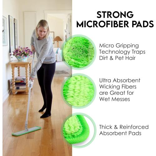 Turbo Microfiber Mop Floor Cleaning System - 18-inch Dust Mop with 4 Reusable Pads for Hardwood and Tile, 360-Spin Floor Mop Head & Extendable Handle - Household Cleaning Tools