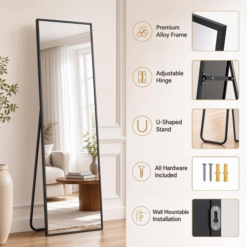 Antok Full Length Mirror, 56x14 Floor Mirror with Stand, Hanging Mounted Mirrors for Bedroom, Living Room, Cloakroom, Dining Room, Black, Rect