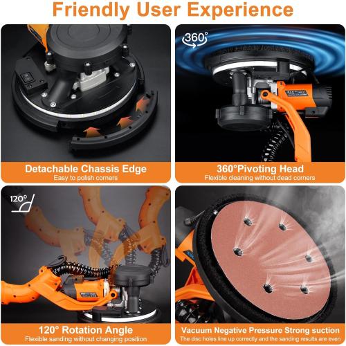 Drywall Sander, 1000W Popcorn Ceiling Removal Tool, Automatic Drywall Sander with Vacuum Dust Collection, LED Light, 6 Variable Speed 800-2200RPM, Foldable & Extendable Handle,15Pcs Sanding Discs