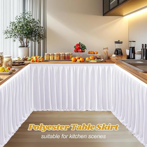 Wish Care 9ft Long White Table Skirt for Rectangle Tables Decorations - Wrinkle Resistant Polyester Pleated Table Skirting Desk Skirt for Office Baby Shower Birthday Party Wedding Banquet