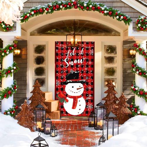 Plaid Christmas Door Cover Snowman Door Banner Decorations Red Black Buffalo Plaid Let It Snow Snowman Cardinal Door Cover Backdrop Sign for Christmas Winter Holiday Indoor Outdoor Party Supplies