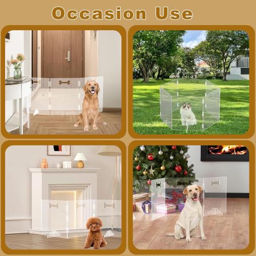 Clear Acrylic Dog Gate, 6 Panel 120 W x 24 H, Transparent Freestanding Pet Playpen Indoor, Foldable Pet Fence Barrier for Doorway with Handle/Support Feet