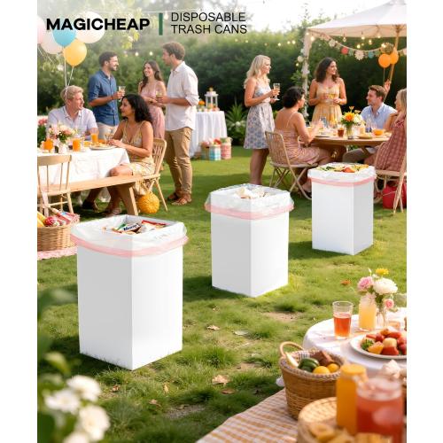 4 Pack Corrugated Cardboard Disposable Trash Cans for Parties, 40 Gallon Collapsible Garbage Cans with Handle, Thick Foldable Bins for Party Events Camping Beach(18 L x 18 W x 30 H), White