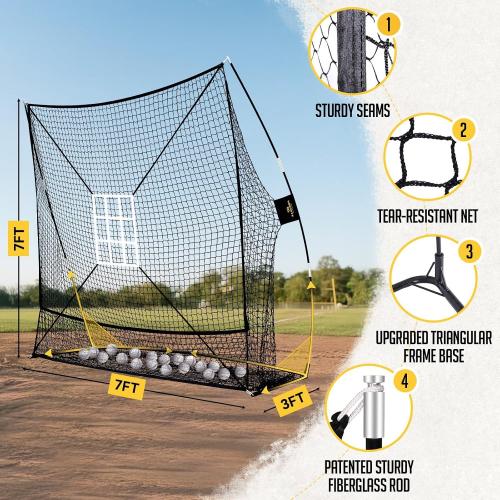 PodiuMax 7x7FT Baseball Net with 2 Strike Zone for Batting & Pitching | Extra Stable Rectangular Base, Extra-wide Ball Collection, Tear-resistant Net, Portable & Easy Setup for Backyard