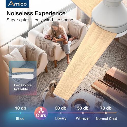 Amico Ceiling Fans with Lights, 52 inch Low Profile Ceiling fan with Light and Remote Control, Flush Mount, Reversible, 3CCT, Dimmable, Noiseless, White Ceiling Fan for Bedroom, Indoor/Outdoor Use