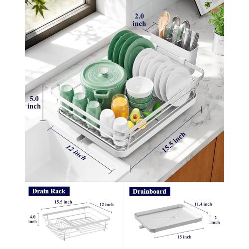 Kitsure Dish Drying Rack for Kitchen Counter, Stainless Steel Sink Organization and Storage Essentials with Cutlery Holder, Home and Appartment Decor, 12''W x 15.5''L, Silver Grey
