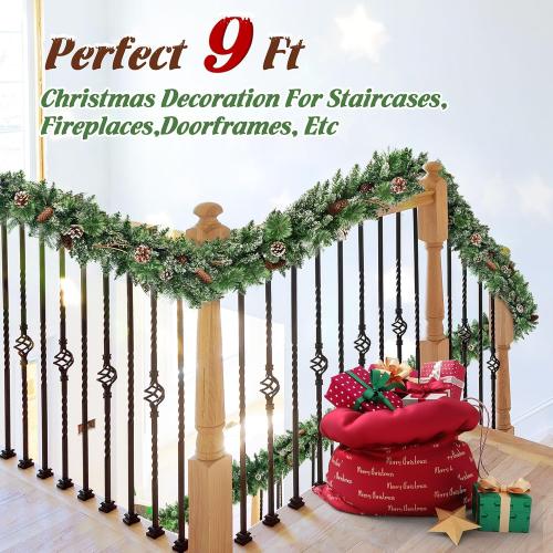 Jin&Bao 9FT Christmas Garland with Lights, 100 LED Prelit Green Pine Garland Christmas Decorations with Timer Function, 3AA Battery Operated Xmas Garland Fireplace Door Stairs Home Outdoor