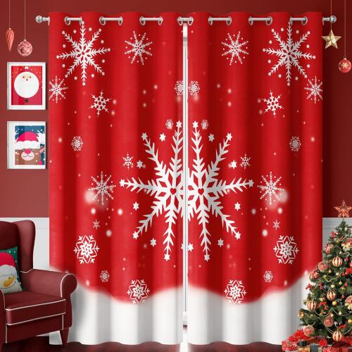Snowflake Christmas Curtains Living Room 52 x 84 inch, 2 Panels, Grommet Printed Fabric Decorations Blackout Curtains, Thermal Insulated Holiday Red Window Drapes Panel for Kid Room, and Indoor