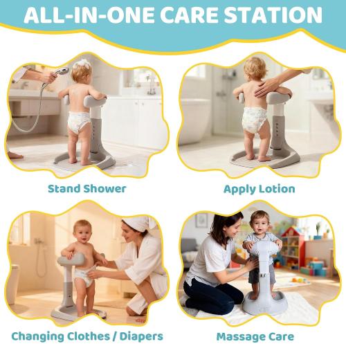 4our Kiddies Foldable Baby Shower Standing Support for Toddlers & Infants 8-36 Months, No Setup Anti-Slip Bath Stand Holder, Adjustable Height, Portable Travel & Storage, Easy Clean, Grey